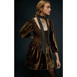 Free People FARRIER Velvet Mini Babydoll Dress Brown Olive Green S NWOT $128